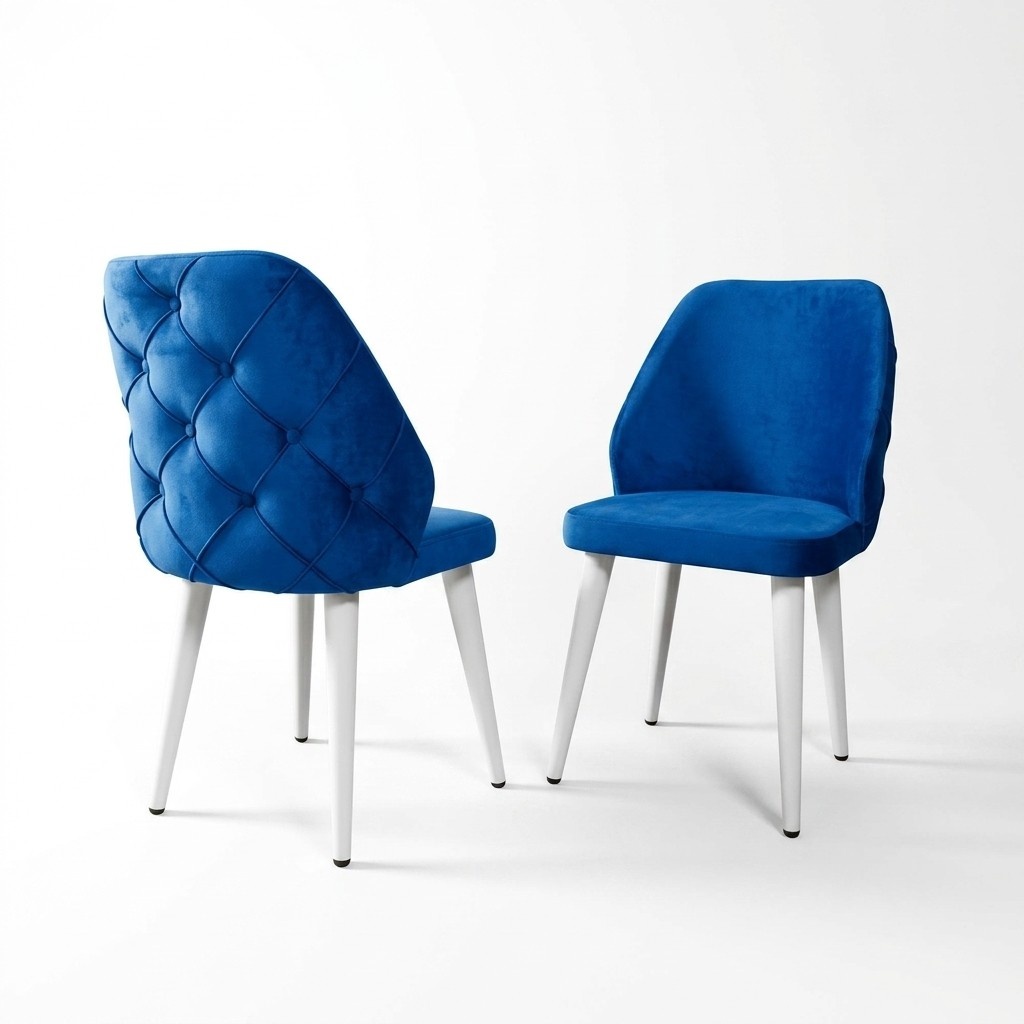 Wooden upholstered chair blue back Chesterfield on white legs dining room