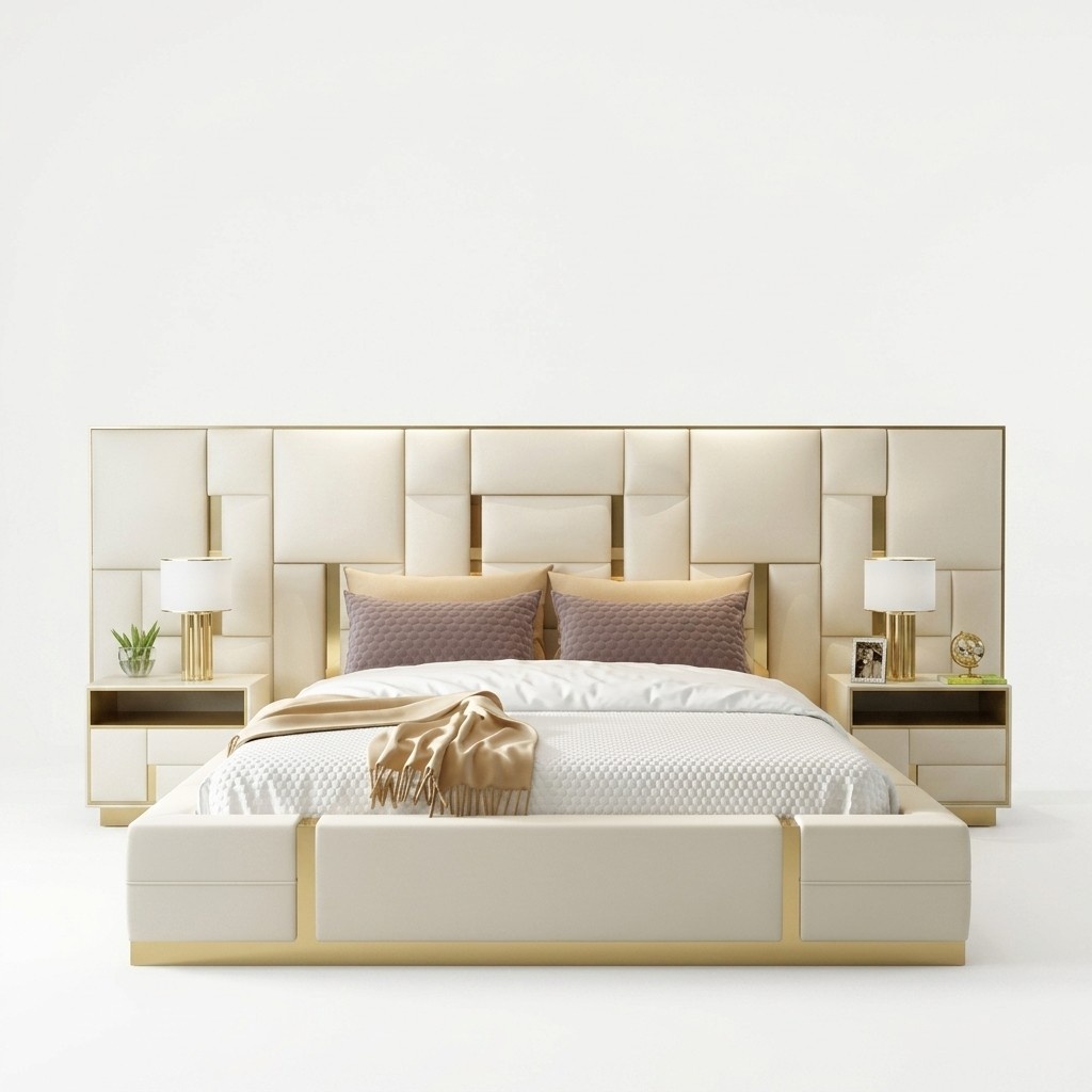 Design leather double bed with massive backrest in modern style 180x200cm size
