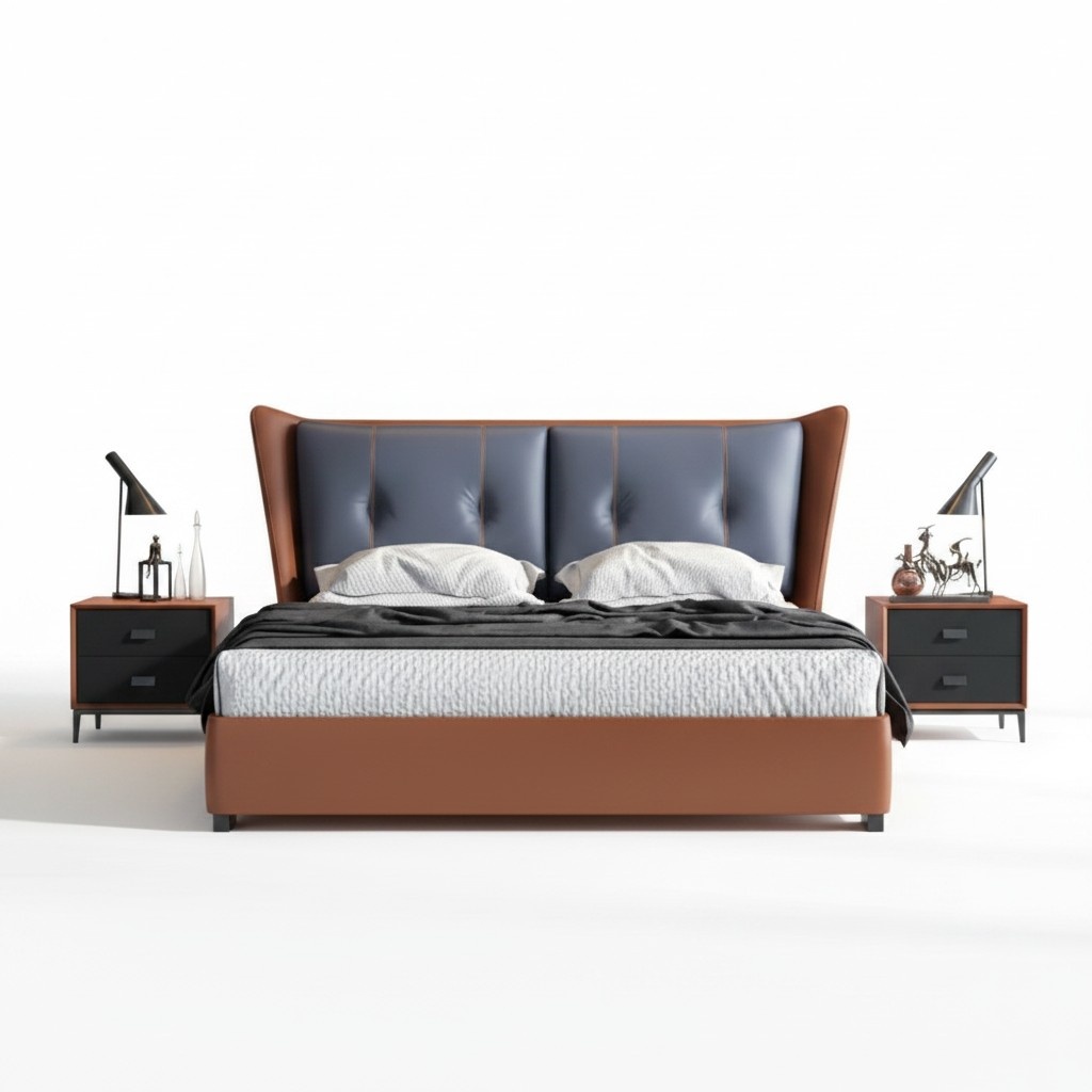 Italian luxury modern style leather set of chesterfield design double bed & 2x-bedside tables