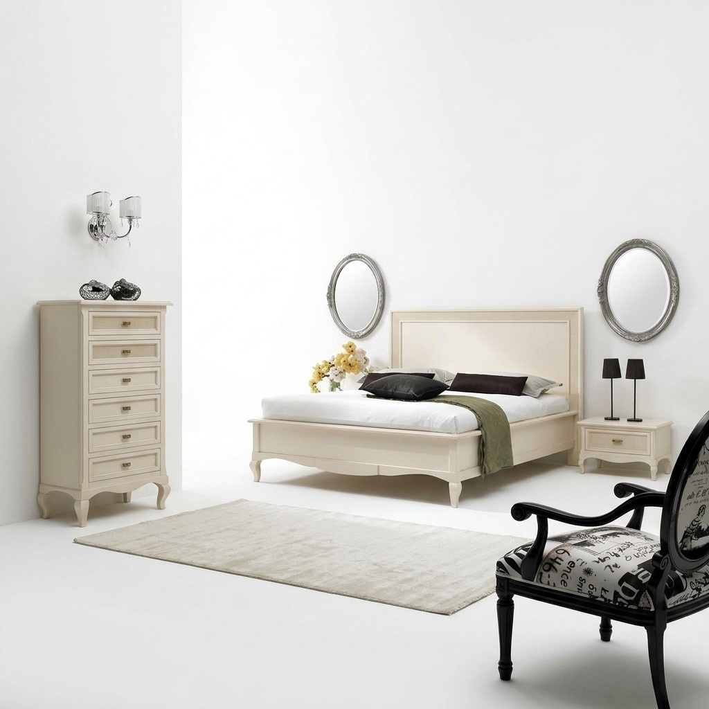 Italian Bedroom Furniture Bed Nightstand Solid Wood Bed Set 4pcs.