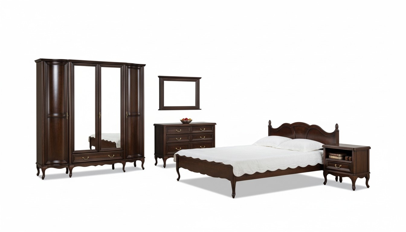 Italian style furniture bed nightstands wardrobe chest of drawers mirror complete