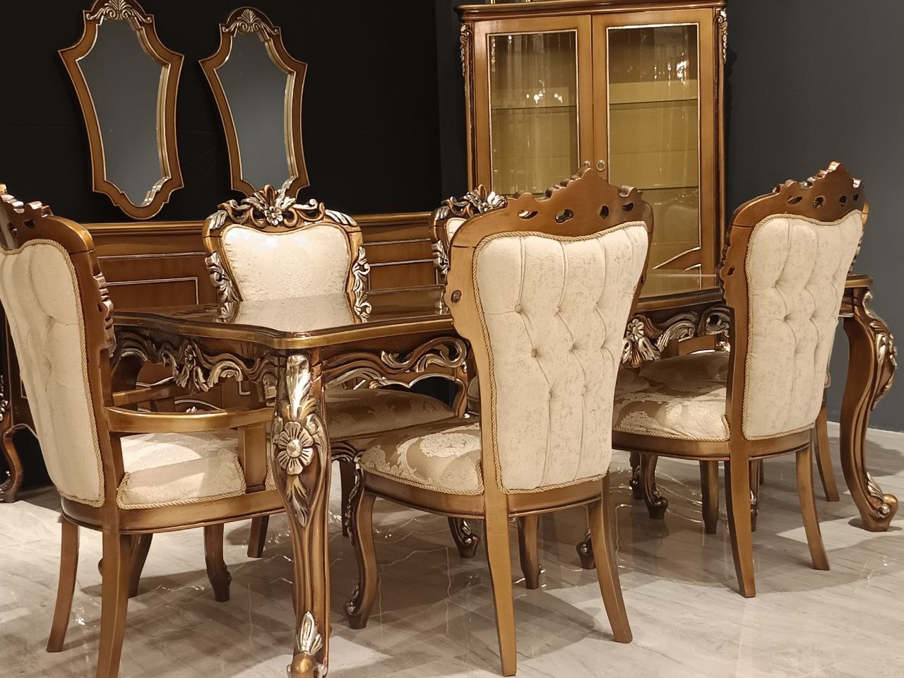 Dining Room Set – Classic Design Table with 6 Chairs – Wooden Furniture On Stock