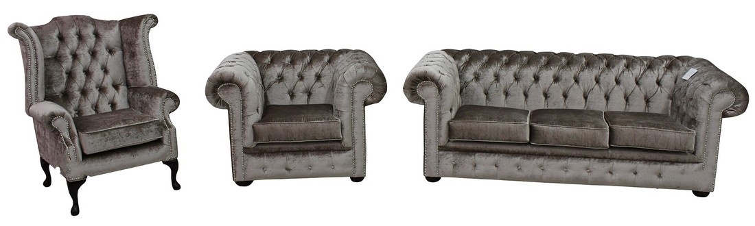 Chesterfield Sofa Set 3+1 Seaters + Wing Chair Textile Grey Comfortable Couches New