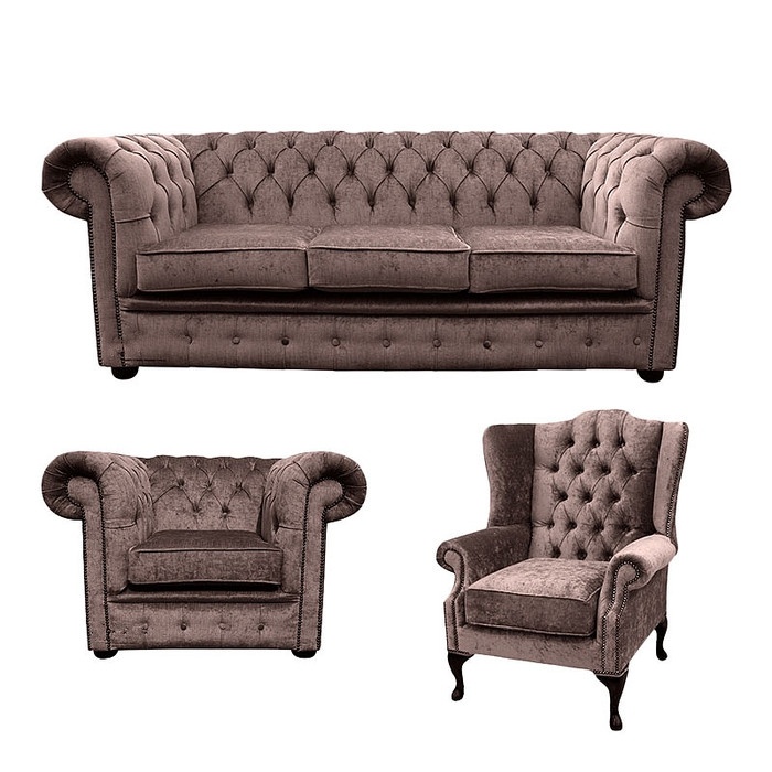 Chesterfield Classic Design Sofa Set 3+1 Seaters + Wing Back Armchair Beige Textile Cover New