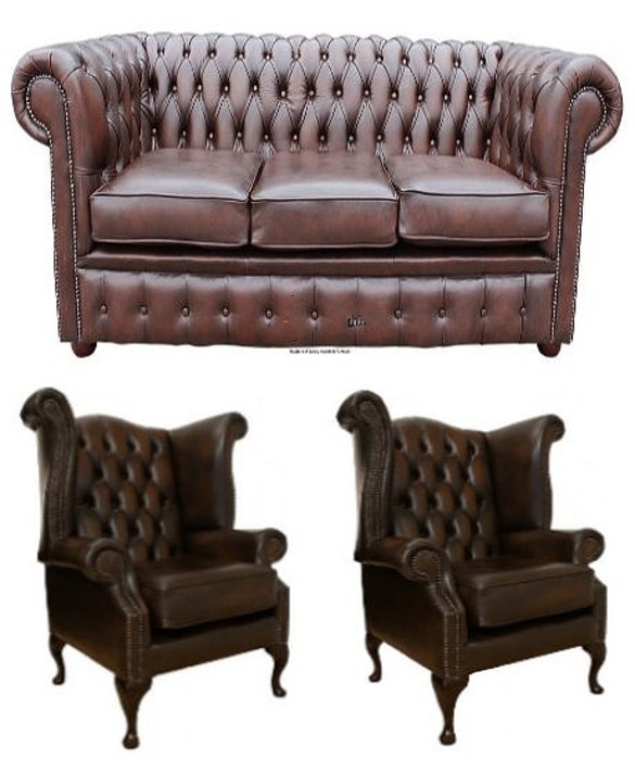 Chesterfield Antique Style Sofa Set 3-Seater + 2x Wing Chairs Brown Faux Leather Couches New