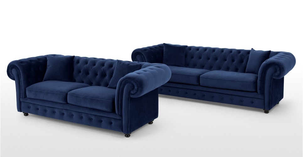 Chesterfield Sofa Set 3+2 Seaters Blue Textile Fabric Couches Comfortable Cushions + Buttons New