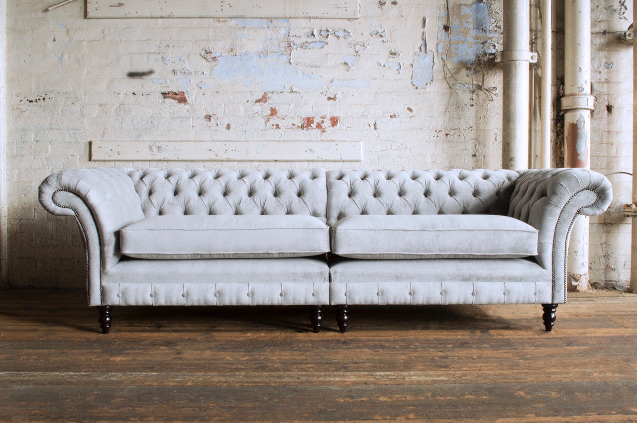Chesterfield XXL Sofa 4-Seater With Buttons Textile Light Grey Comfortable With Cushions 2-Part Sofa New