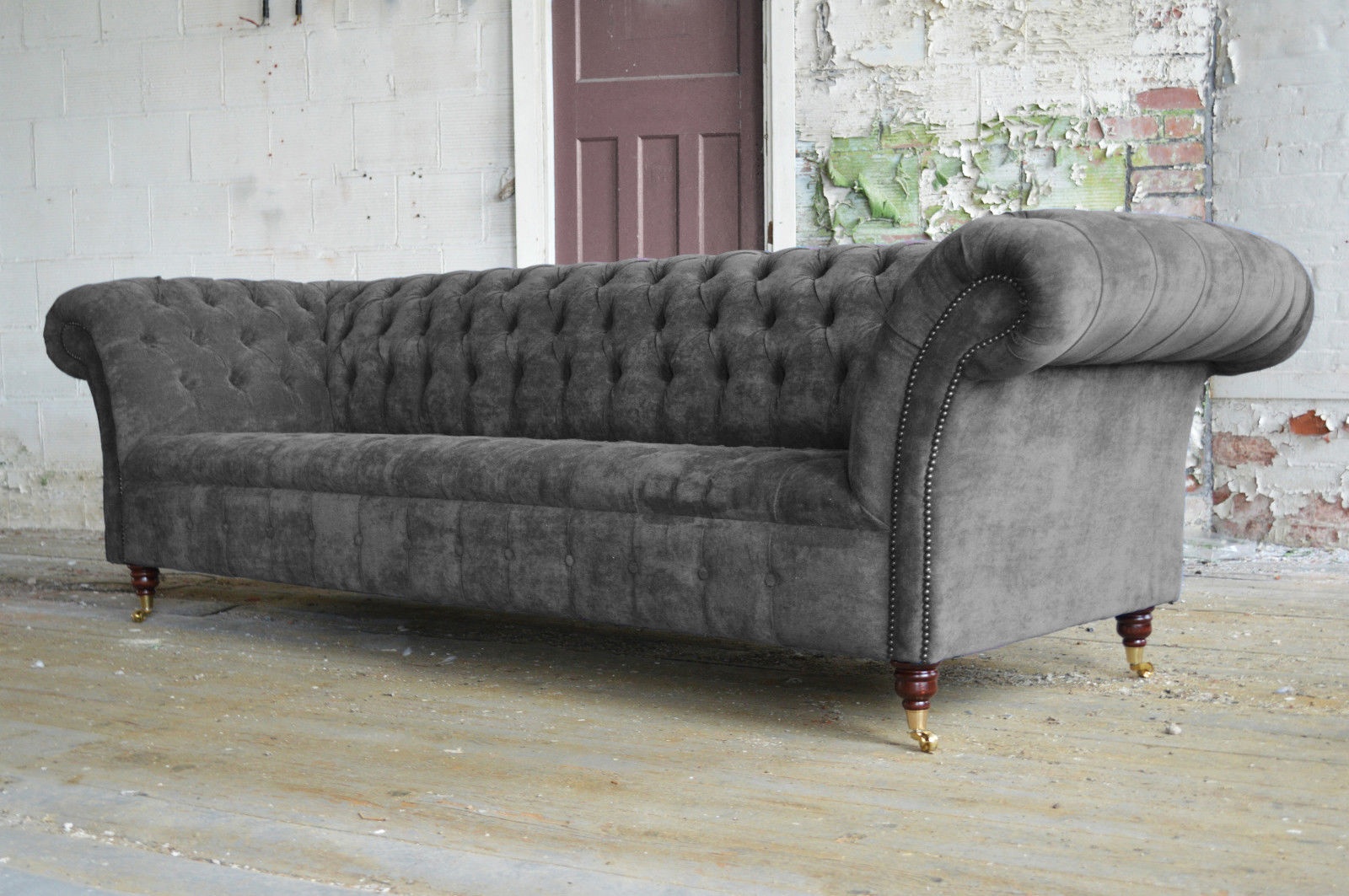 Chesterfield XXL Big Sofa 4-Seater Grey Textile Upholstered Comfortable With Casters New