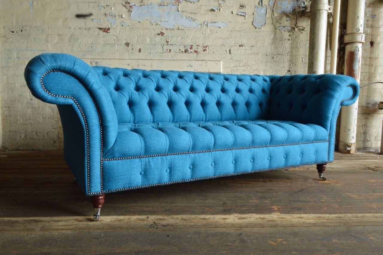 Luxurious Chesterfield Sofa 3-Seater Azure Blue Textile Fabric Upholstery Comfortable Couch on Castors New