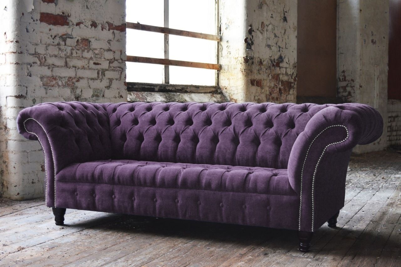 Chesterfield Sofa 3-Seater With Buttons Purple Textile Couch Wooden Feet Comfortable New
