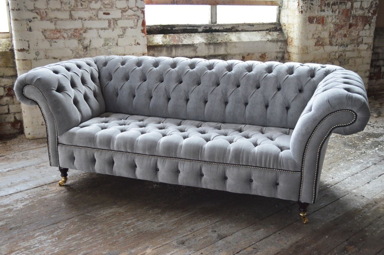 Chesterfield 3-Seater Classic Sofa Grey Textile Upholstered Comfortable Couch on Casters New