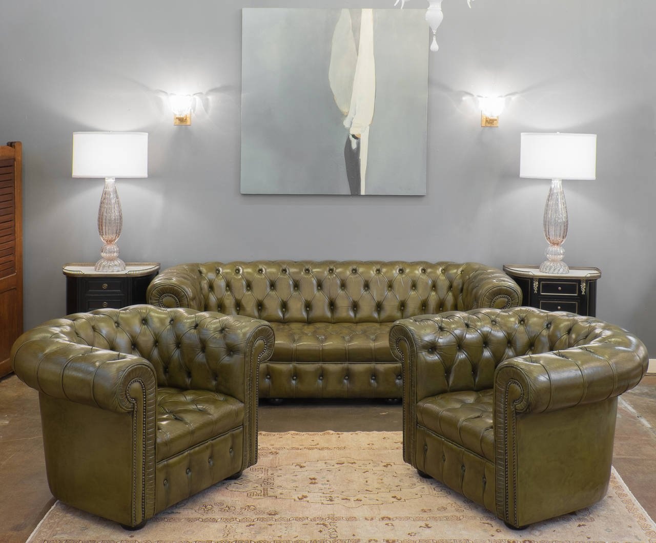 Chesterfield Sofa Set 3+1+1 Seaters Green Faux Leather Upholstered Living Room Comfortable Couches New