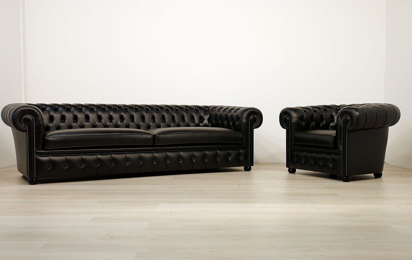 Chesterfield Design Sofa Set 5-Seater + 1-Seater Armchair New Faux Leather Upholstered Black Comfortable With Cushions Padded New