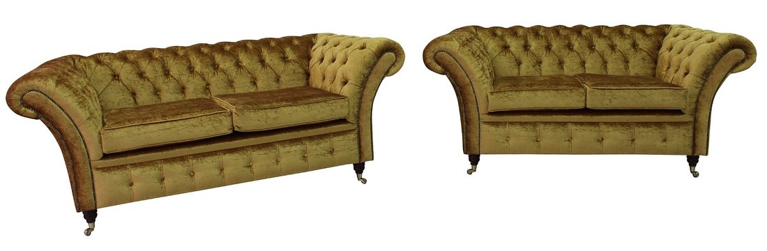 Chesterfield Sofa Set 3+2 Seaters Yellow Textile Couches Living Room Comfortable Furniture New