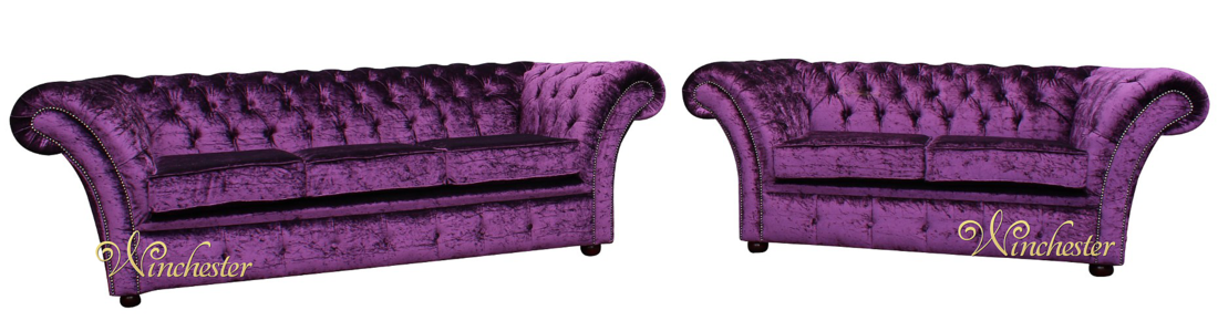 Chesterfield Sofa Set 3+2 Seaters Luxurious Purple Velvet Textile Upholstery Comfortable with Pads New