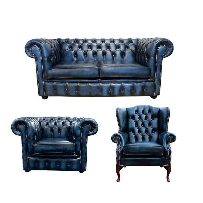 Chesterfield Sofa Set 2+1 Seaters + Wing Back Armchair Blue Faux Leather With Buttons New