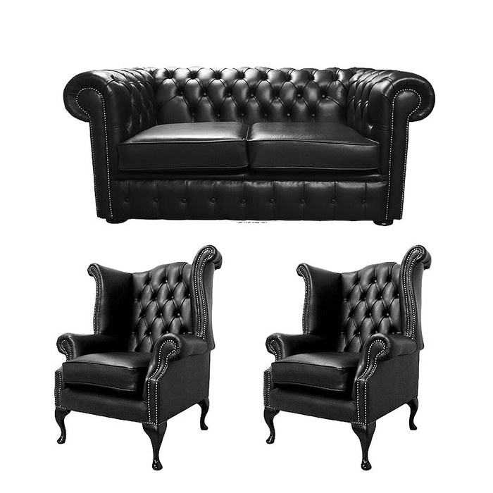Chesterfield Sofa Set 2-Seaters + 2x Wing Chair Black Faux Leather Comfortable Couches New