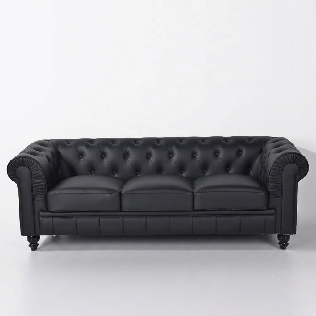 Black Chesterfield Sofa 3-seater Classic Style Premium Faux Leather Upholstered Soft Cushions
