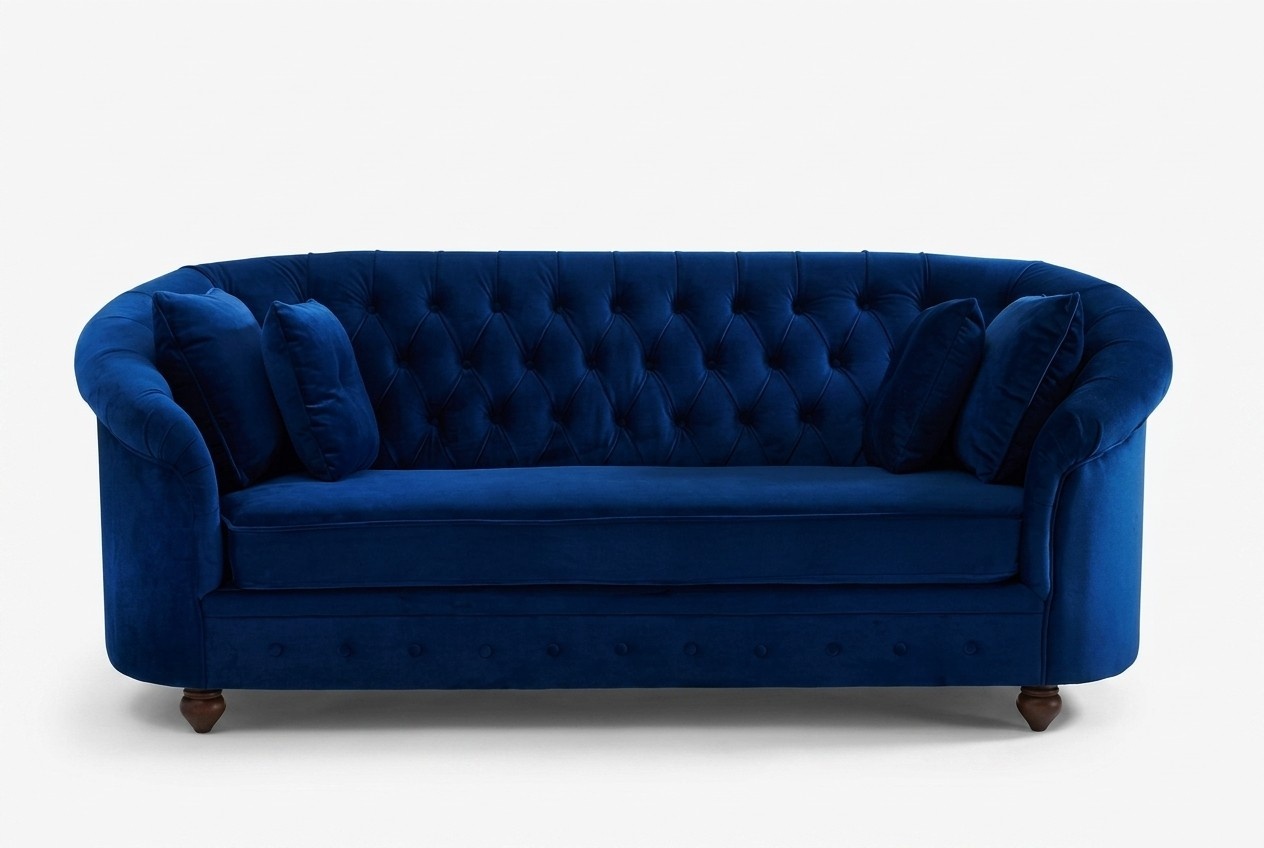 Premium Chesterfield Sofa Upholstered Blue Textile 3-seater Comfortable Soft with Cushions Rounded Back