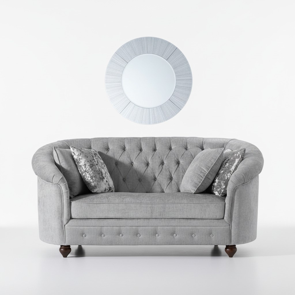 Rounded Backrest Chesterfield Sofa 2-Seater Upholstered Textile Silver Grey Loveseat with Cushions