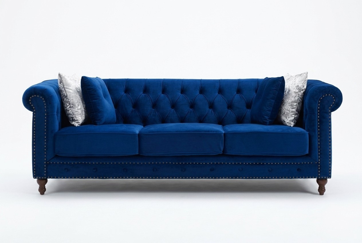 Classic Chesterfield Sofa 3-Seater Blue Upholstered Couch Very Comfortable Textile with Cushions