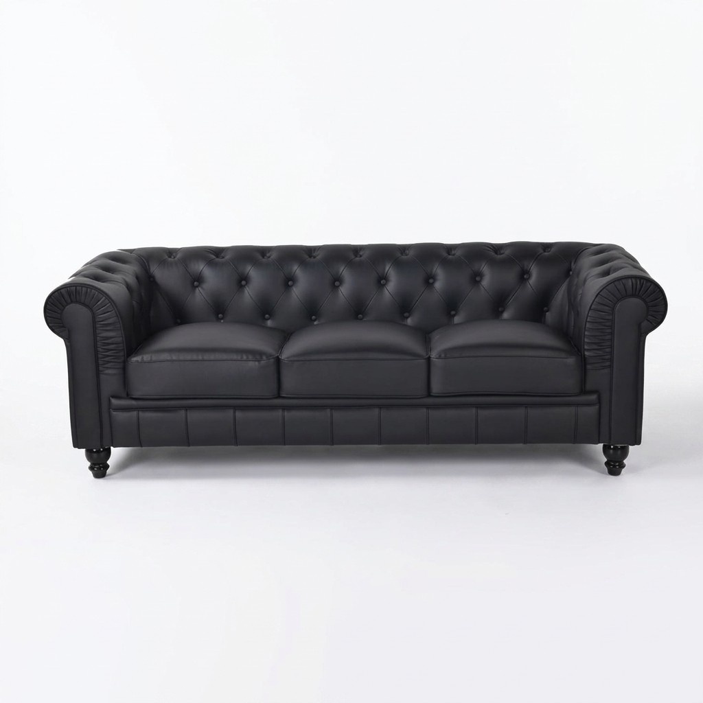Chesterfield Sofa Black 3-Seater Upholstered Premium Faux Leather With Soft Seat Cushions New