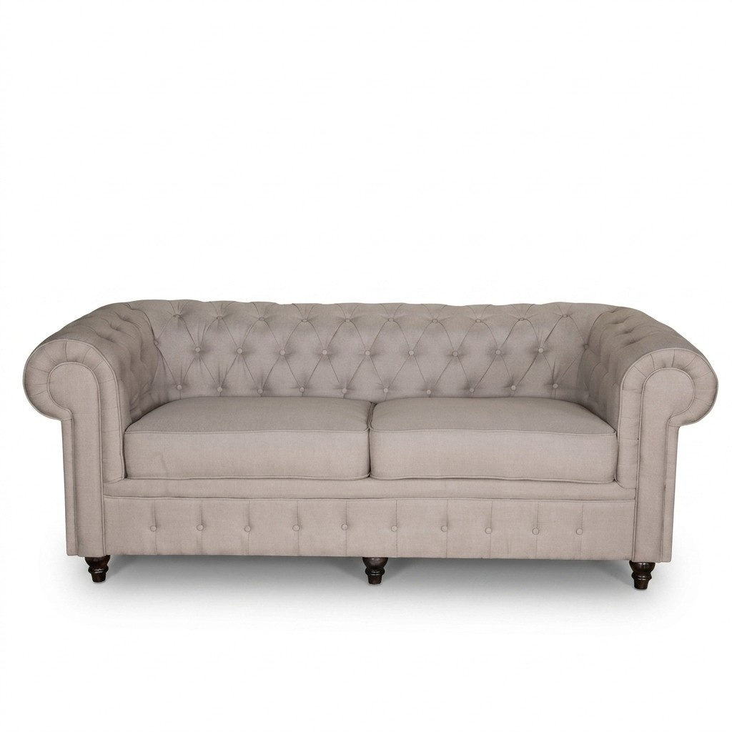 Luxurious Sofa Textile Modern Style Beige Upholstered 3-Seater With Soft Cushions New Chesterfield