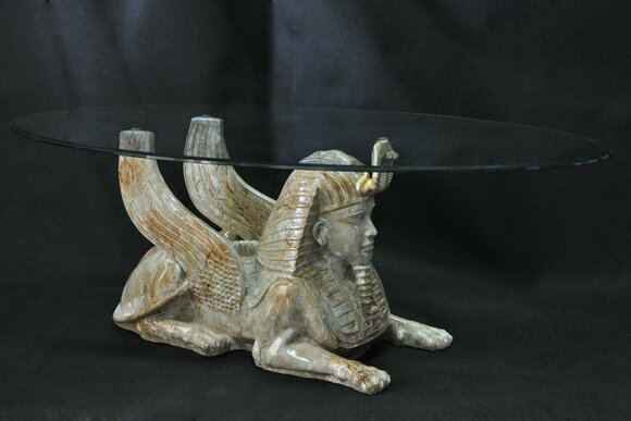 Egyptian pharaoh sphinx sculpture design coffee table with glass surface made of acrylic