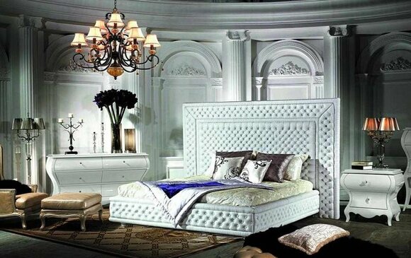 Premium faux leather upholstered massive chesterfield design double bed in modern style made of real wooden frame