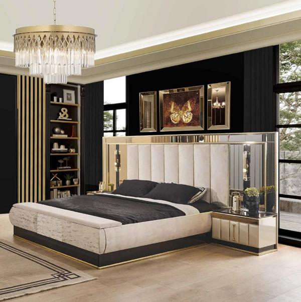 Luxury Bedroom Bed Designer Furniture Double Bed Gold High Gloss