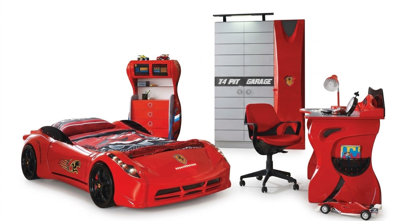 Children\'s Room Car Set Bed Wardrobe Chest Desk Boy Furniture 4tlg