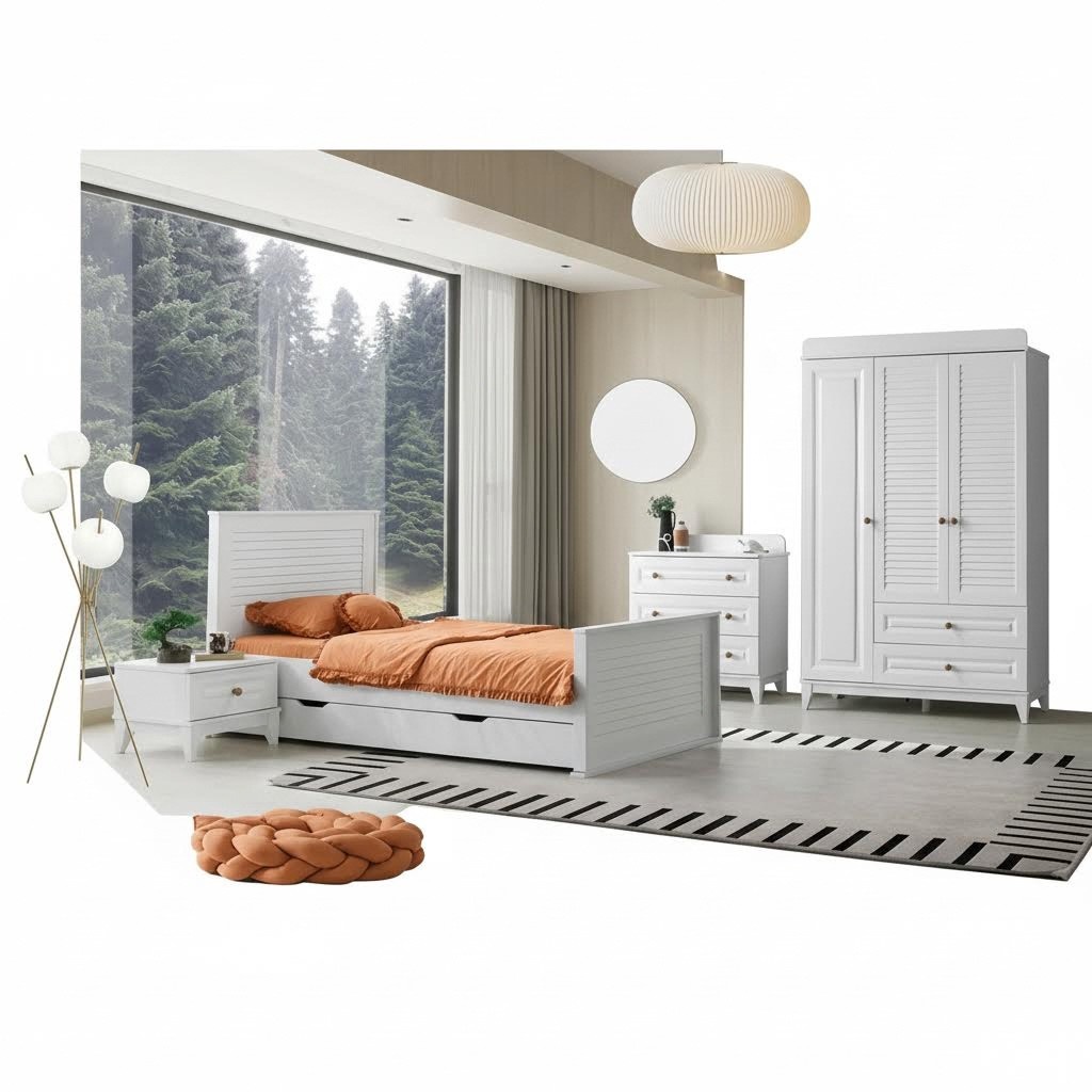 Children\'s room set 4 pieces. Bed, nightstand, dresser, and wardrobe stylish.