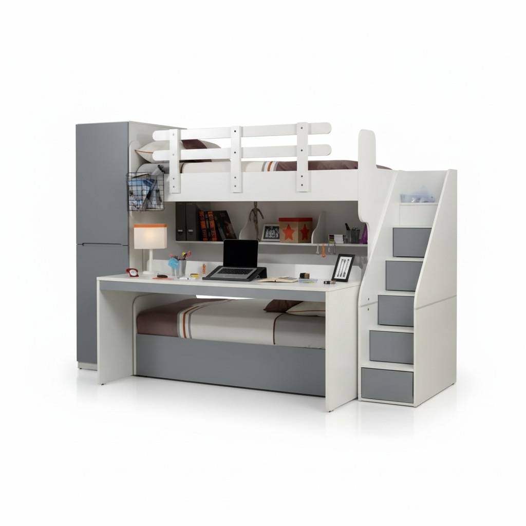Children\'s room set in white wood with bunk bed, desk.