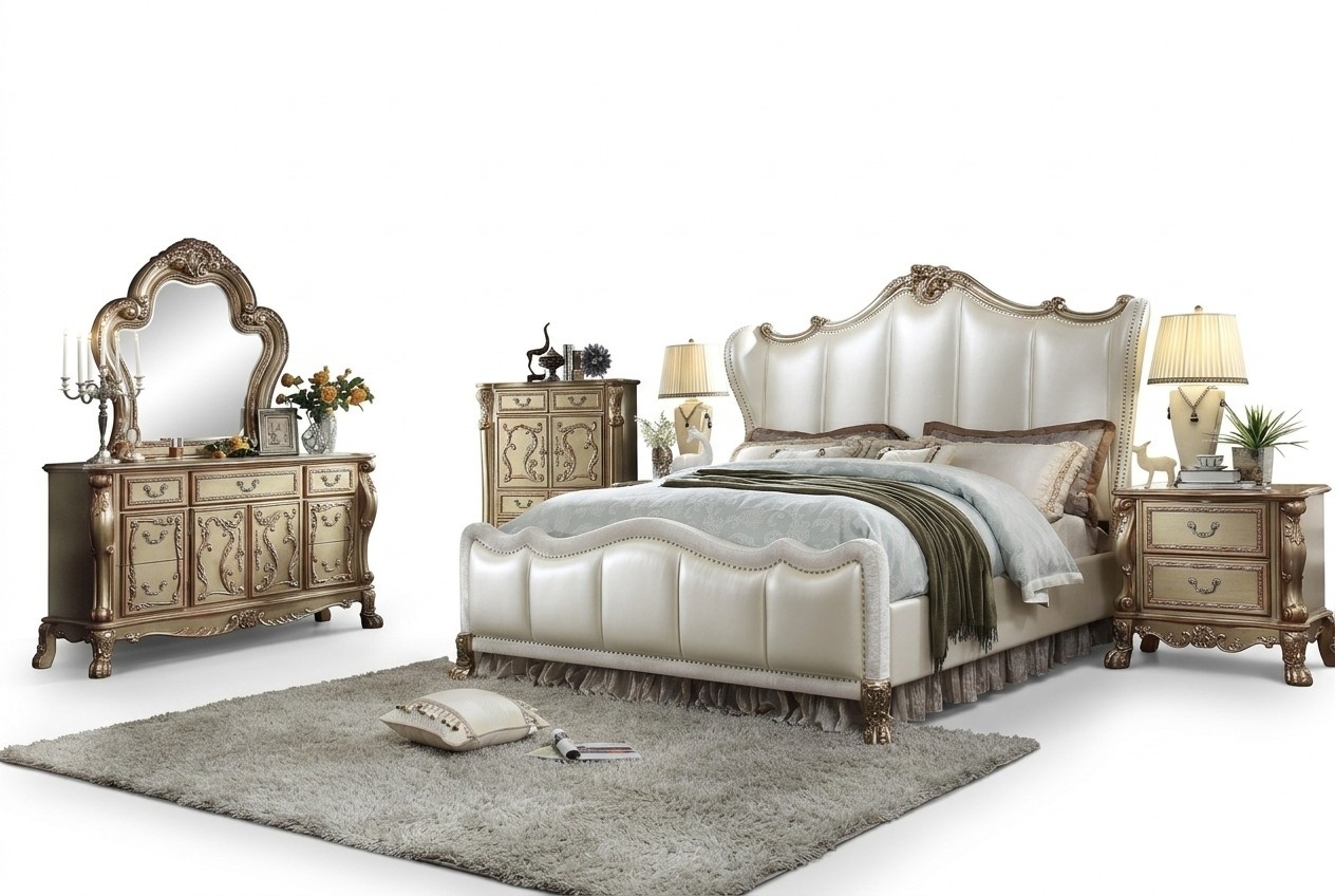 Rococo style bedroom set of massive royal leather double bed & 2x-bedside tables made of real wooden frame