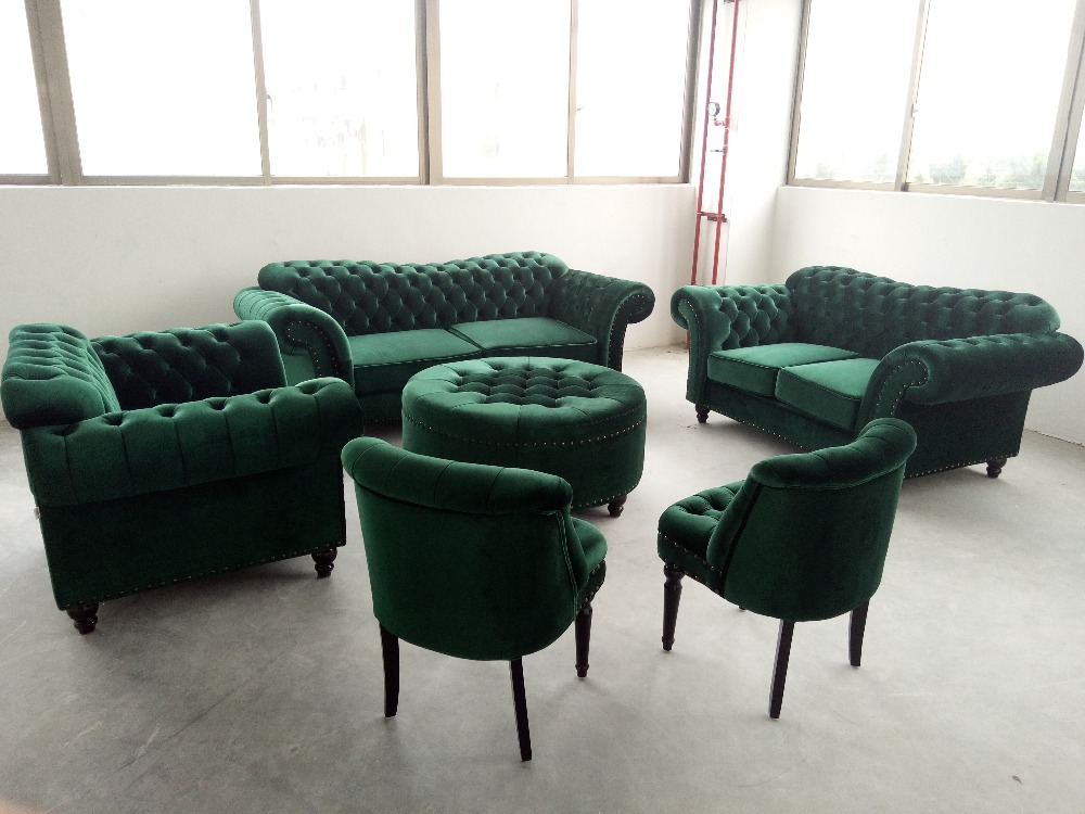 Chesterfield Sofa Set 3+2+1 Seaters + Stools + 2x Chairs Textile Green 6-Piece Living Room Furniture Set New