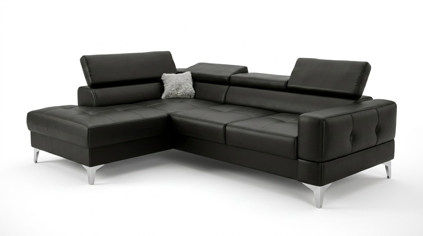 L Shape Furniture Design Black Leather Wood New Modern Luxury Italy Corner Sofa Couches