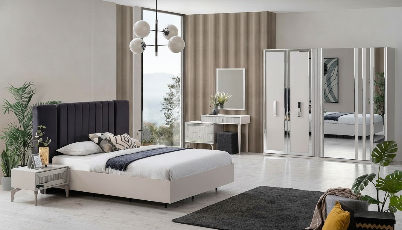 Large Bedroom Set Double Bed Bed Wood Set 7pcs White Modern