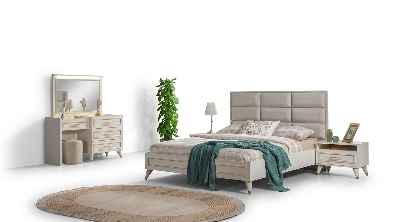 Large bedroom set double bed dressing table stool mirror 6 pieces