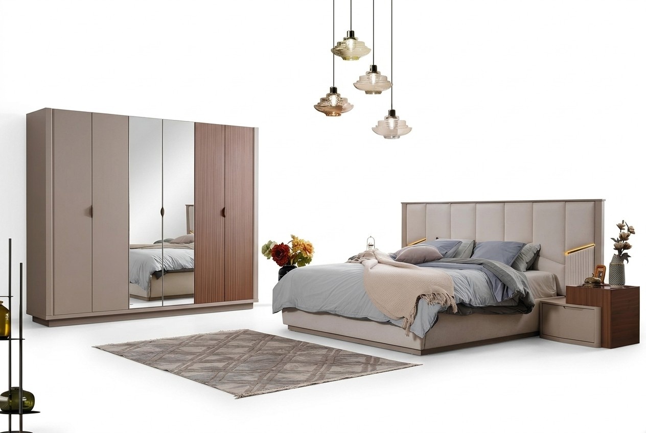 Large beige bedroom set double bed 2x bedside tables cupboard