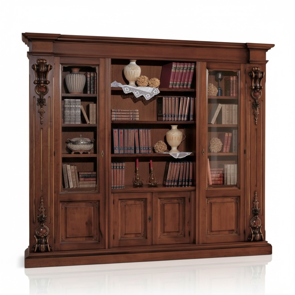 Large Brown Bookcase Luxury Display Cabinet Wooden Solid Wood Furniture