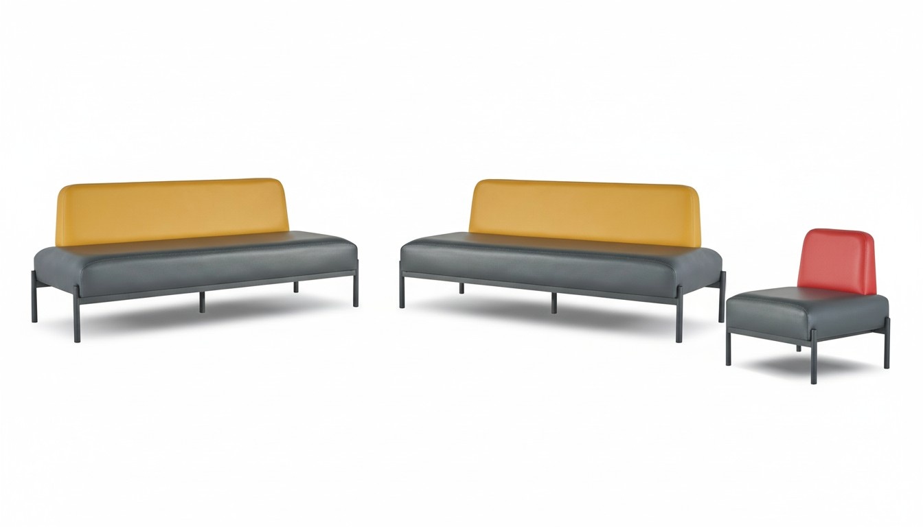 Ledesofas Yellow Red Art Deco Stainless Steel 3-Seater Armchair Black Leather Set