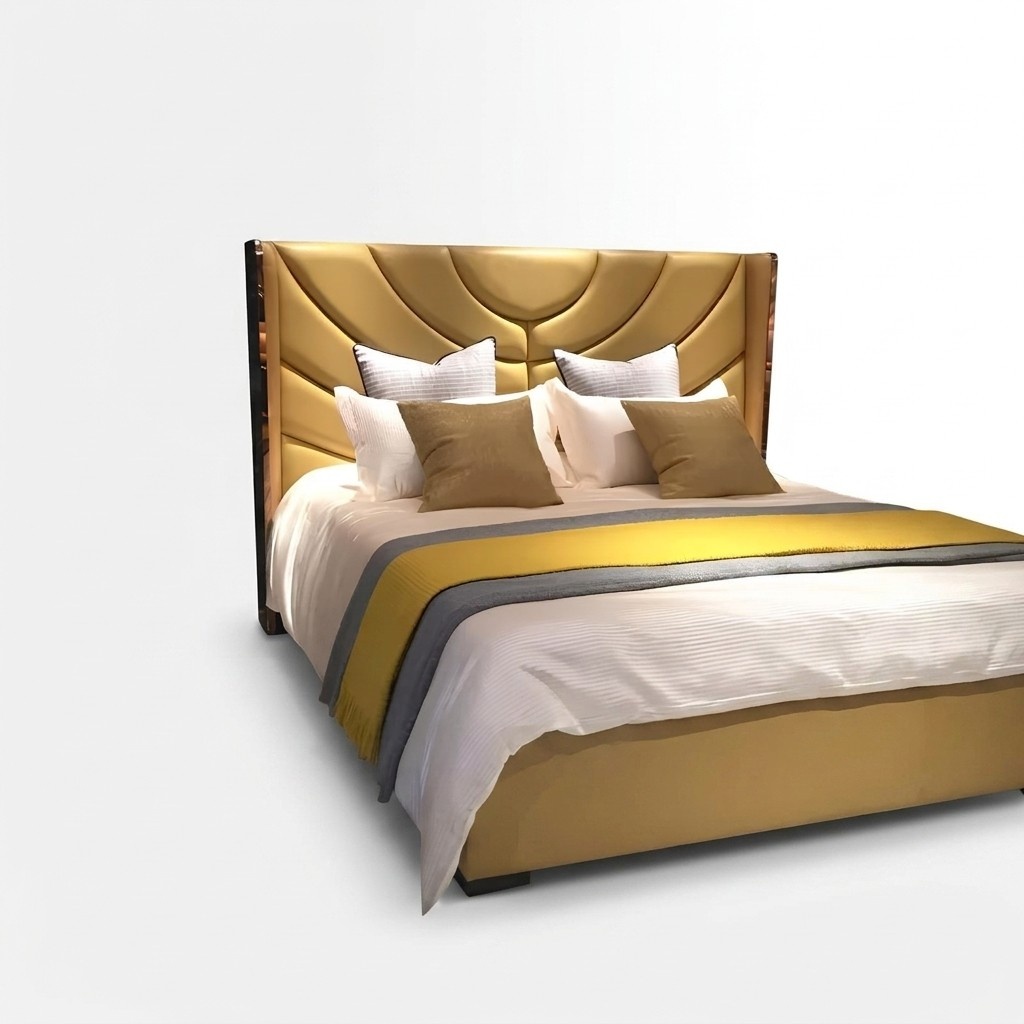 Leathered double bed in modern style massive marriage made of real wooden inner frame stainless steel