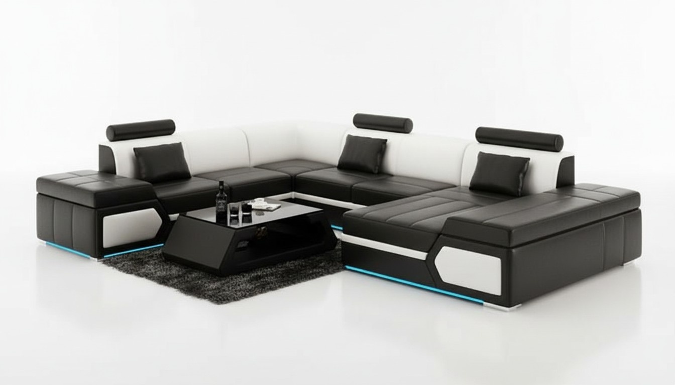 Leather sofa living landscape corner sofa set modern design black + USB