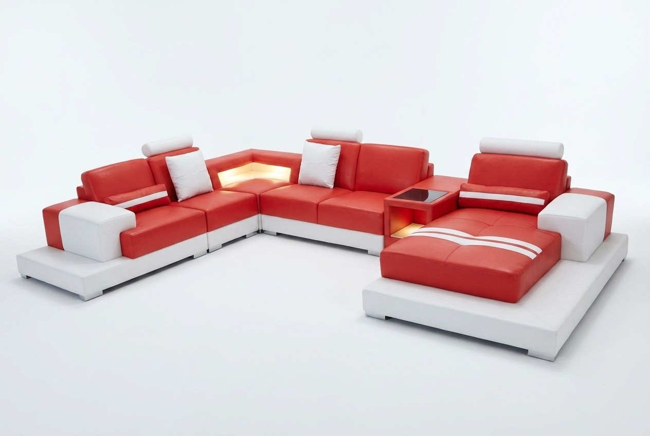 Leather sofa couch living landscape set modern design U-shaped sofa with USB light.