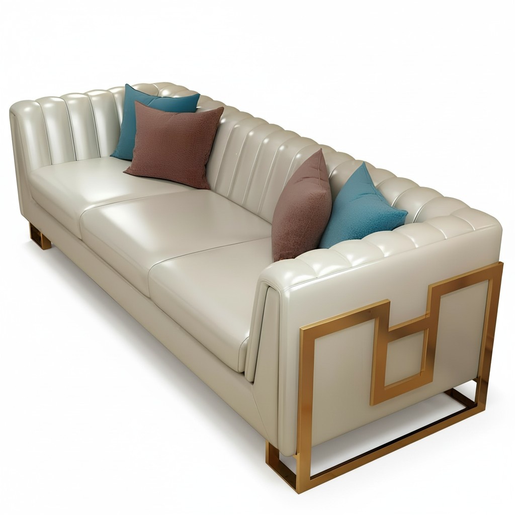 Leather Sofa Couch 3 Seater Premium Design Modern Stainless Steel Beige Upholstered Sofa