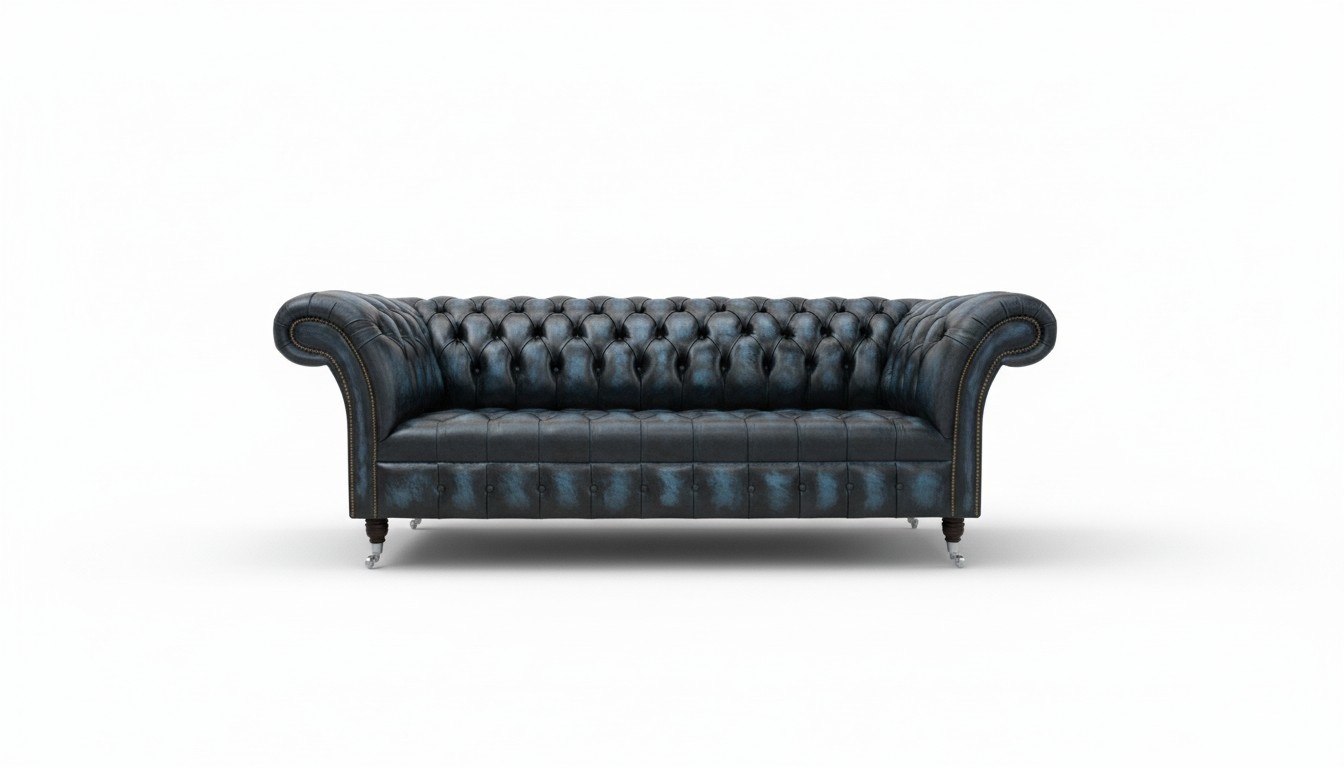 Classic Sofa 3-Seater Chesterfield With Buttons Dark Blue Faux Leather Couch Comfortable on Casters New