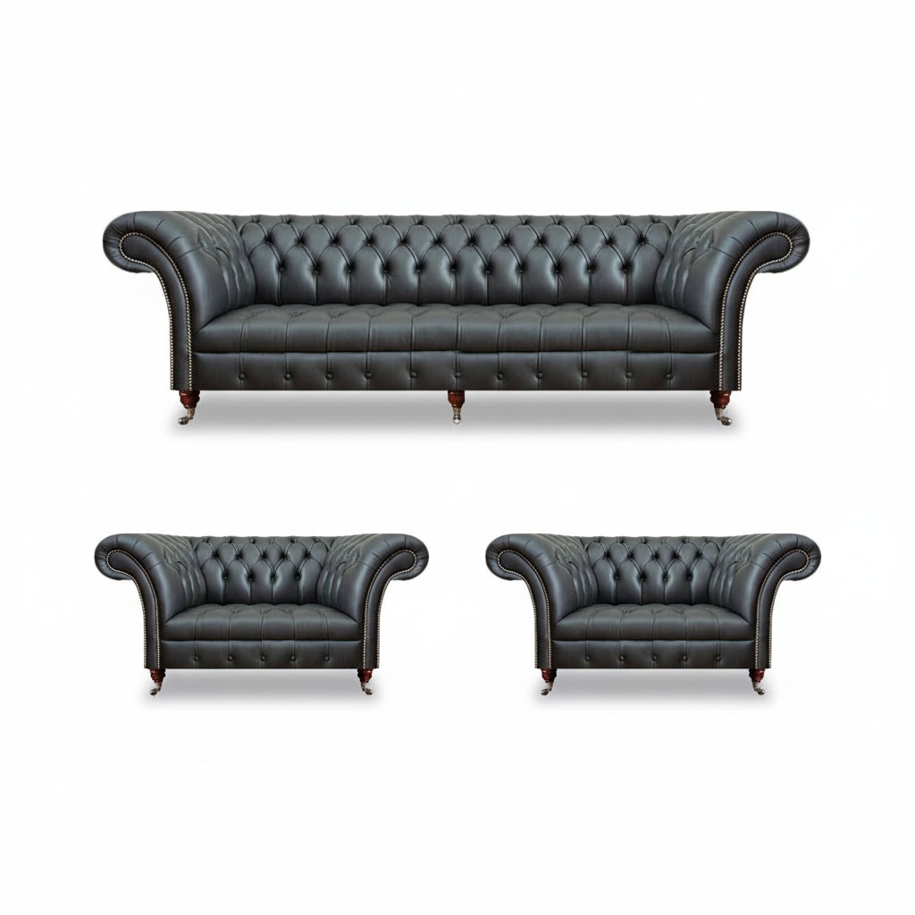 Leather sofa set 3-piece sofa three-seater couch 2x armchairs living room Chesterfield
