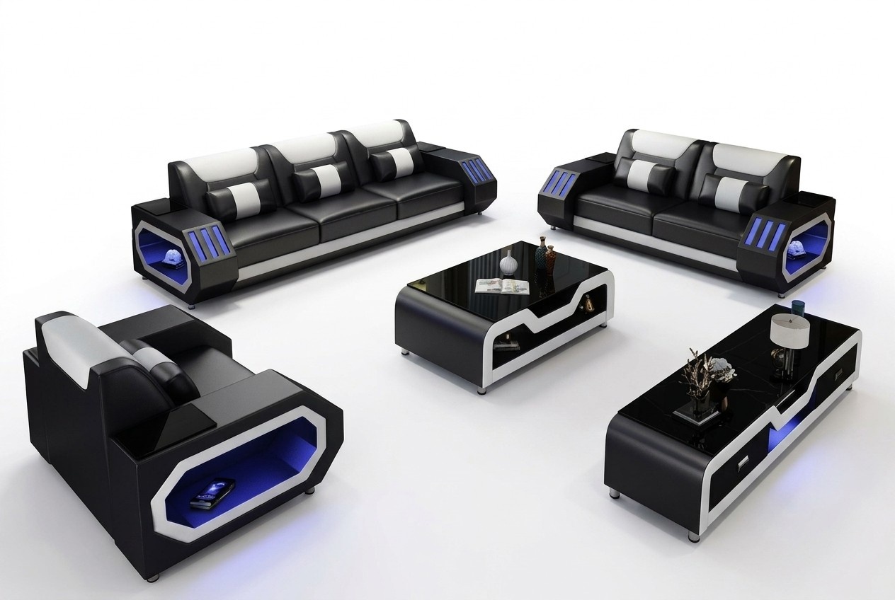 Leather sofa couch sofa set 3+2+1 - Illuminated designer couches New