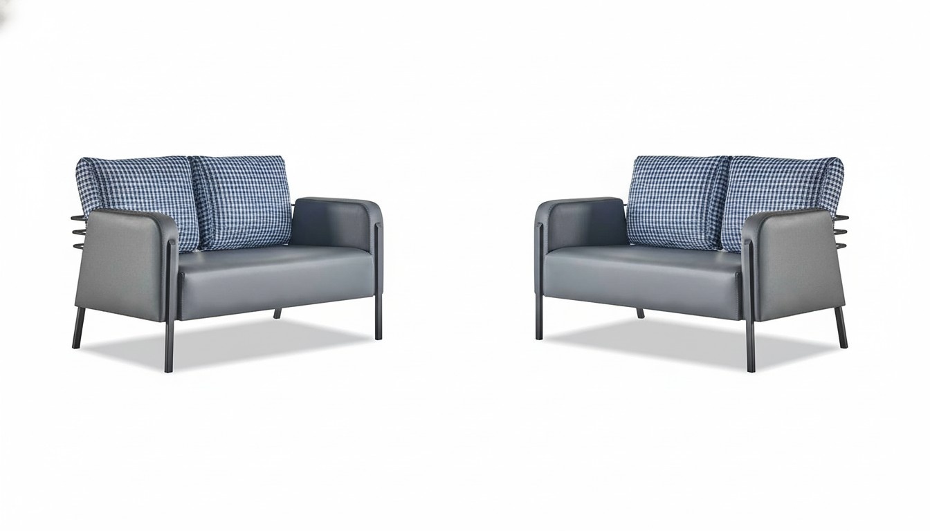 Leather Sofa Set Gray Blue Cushions 2-Seater Modern Upholstered Fabric