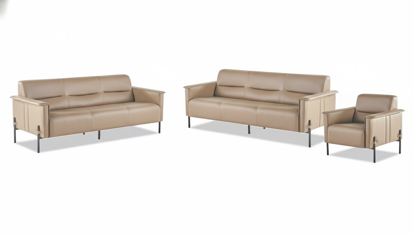 Beige Leather Sofa Stainless Steel Set 3-Seater Armchair Modern Leather Wood Couch